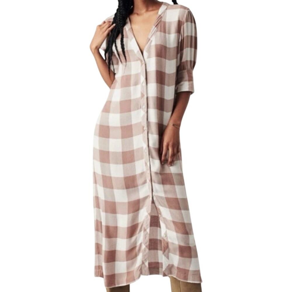 Faherty S Helena Shirt Dress Midi Dress Brown Buffalo Plaid Check Organic